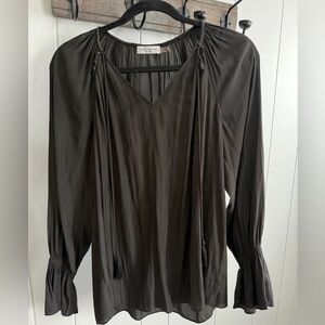 Ramy Brooke Bell Sleeve V-Neck Blouse with Tassels. Color Black. Size M